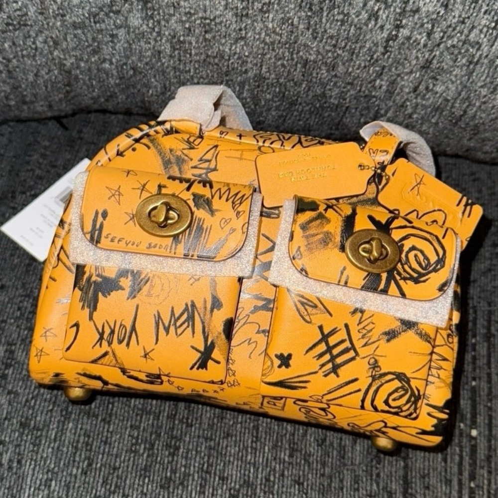 Coach Twin Turnlock Bag 20 in Graffiti Print Ochre Multi Glovetanned Leather NWT